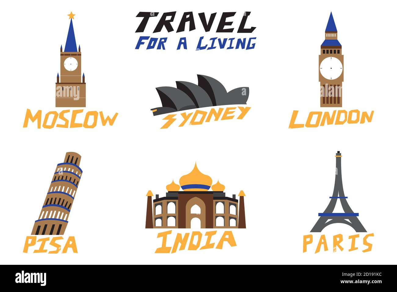 Include simboli e attrazioni di Londra, Gran Bretagna Italia Parigi, Francia Sydney, Australia, India, Mosca, Russia. Illustrazione vettoriale su un Illustrazione Vettoriale