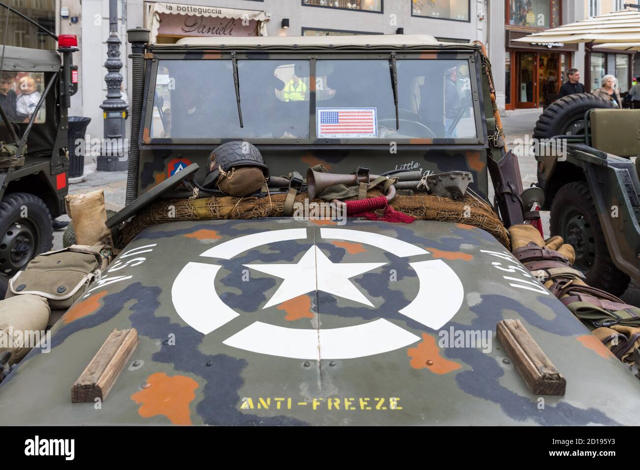 Primo piano di una Willys MB Jeep della seconda guerra mondiale, jeep dell'esercito degli Stati Uniti Foto Stock