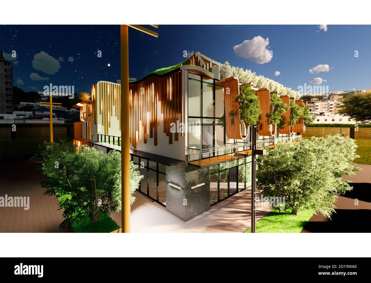 Enscape concettuale uso misto di rendering architettonico di edificio verde con legno e bianco Foto Stock