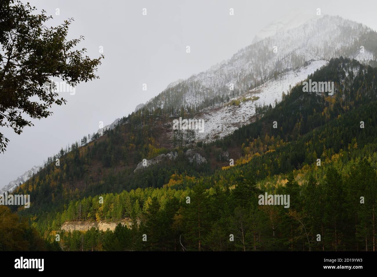 Vista di Love Peak da Arshan, Russia, all'inizio dell'autunno Foto Stock