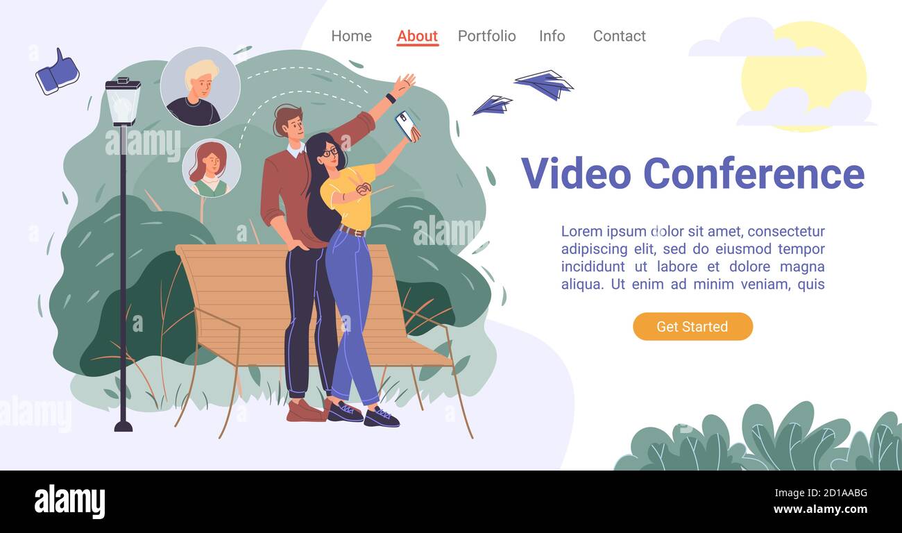 App mobile per la landing page delle videoconferenze Illustrazione Vettoriale