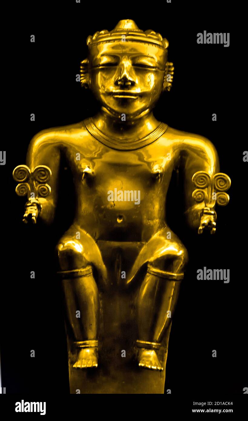 La civiltà Quimbaya (cacique) era una cultura precolombiana della Colombia, 540 - 640 d.C. America, americana, ( notata per il loro lavoro d'oro caratterizzato da precisione tecnica e disegni dettagliati.) Statuetta d'oro Foto Stock