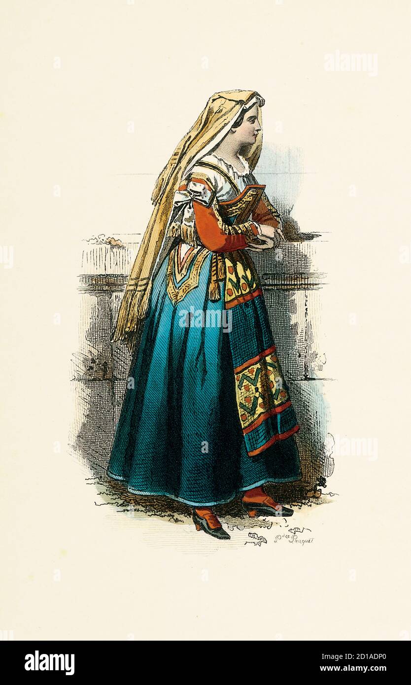 Ritratto di donna di Cervera, Spagna, incisione a mano di H. Pauquet. Pubblicato nel libro Modes et Costumes Historiques Dessines et Grav Foto Stock