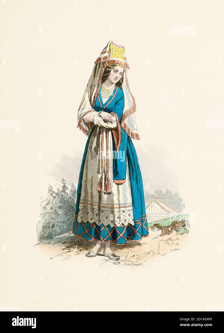 Ritratto di donna di Valka, Lettonia nel 1860, incisione a mano di H. Pauquet. Pubblicato nel libro Modes et Costumes Historiques Dessines e. Foto Stock