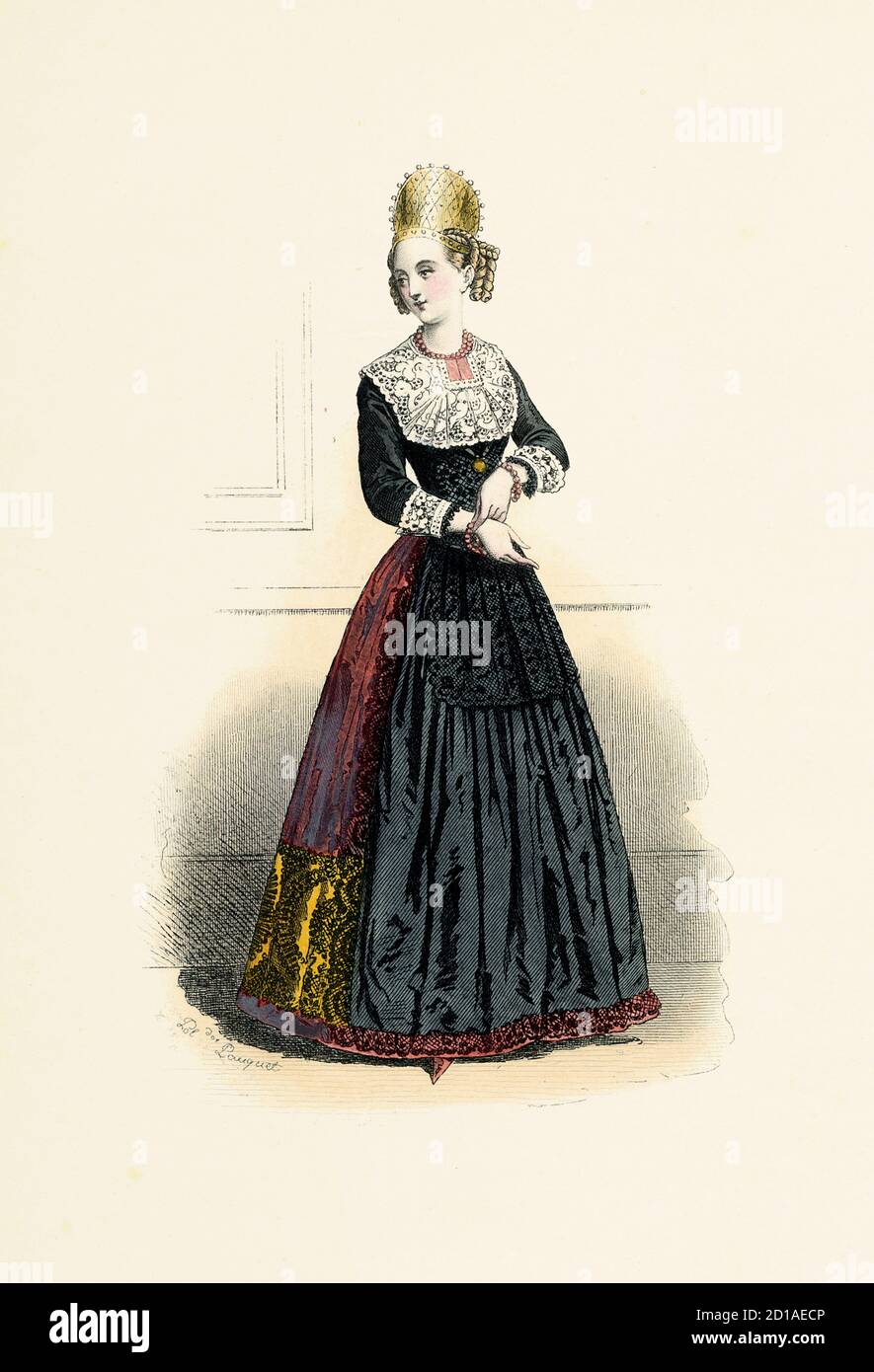 Ritratto di giovane donna di Augusta, Germania, incisione a mano di H. Pauquet. Pubblicato nel libro Modes et Costumes Historiques Dessines Foto Stock