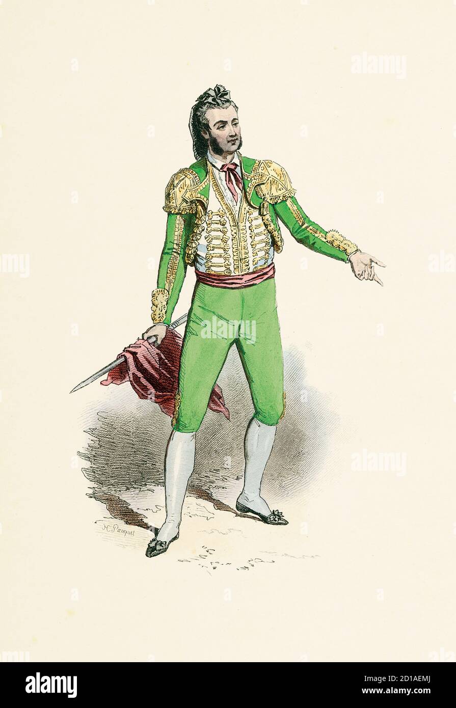 Ritratto di bullfighter nel 1790, incisione a mano di H. Pauquet. Pubblicato nel libro Modes et Costumes Historiques Dessines et Graves par Foto Stock