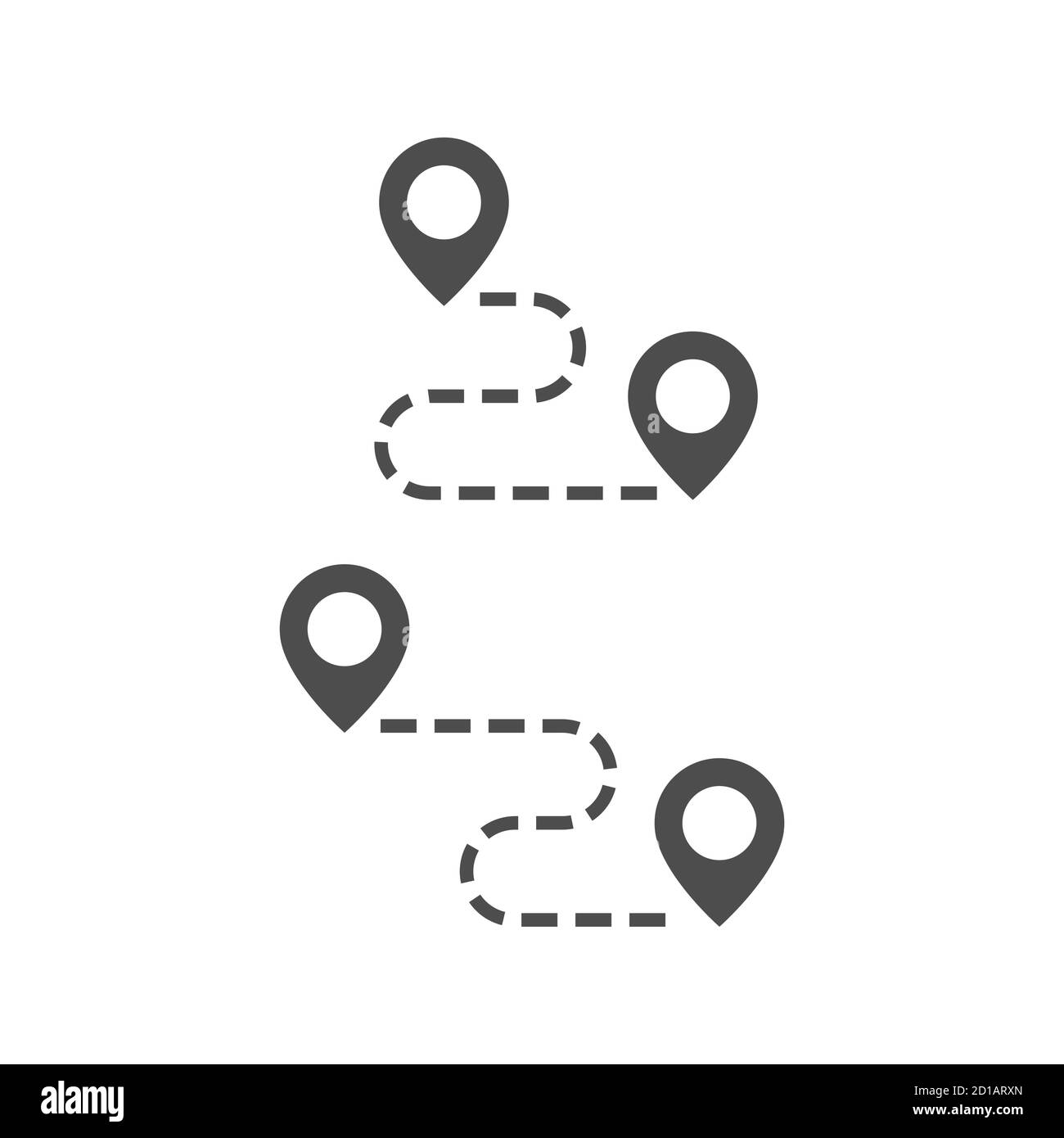 Icona vettoriale nera della mappa stradale. Pin di posizione con simbolo di glifo della linea di rotta tratteggiata. Illustrazione Vettoriale