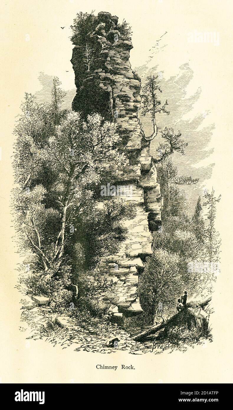 Antica illustrazione di Chimney Rock, conosciuta anche come Sunset Rock, situata nel Mackinac Island state Park, stato del Michigan degli Stati Uniti. Incisione pubblicata in Foto Stock