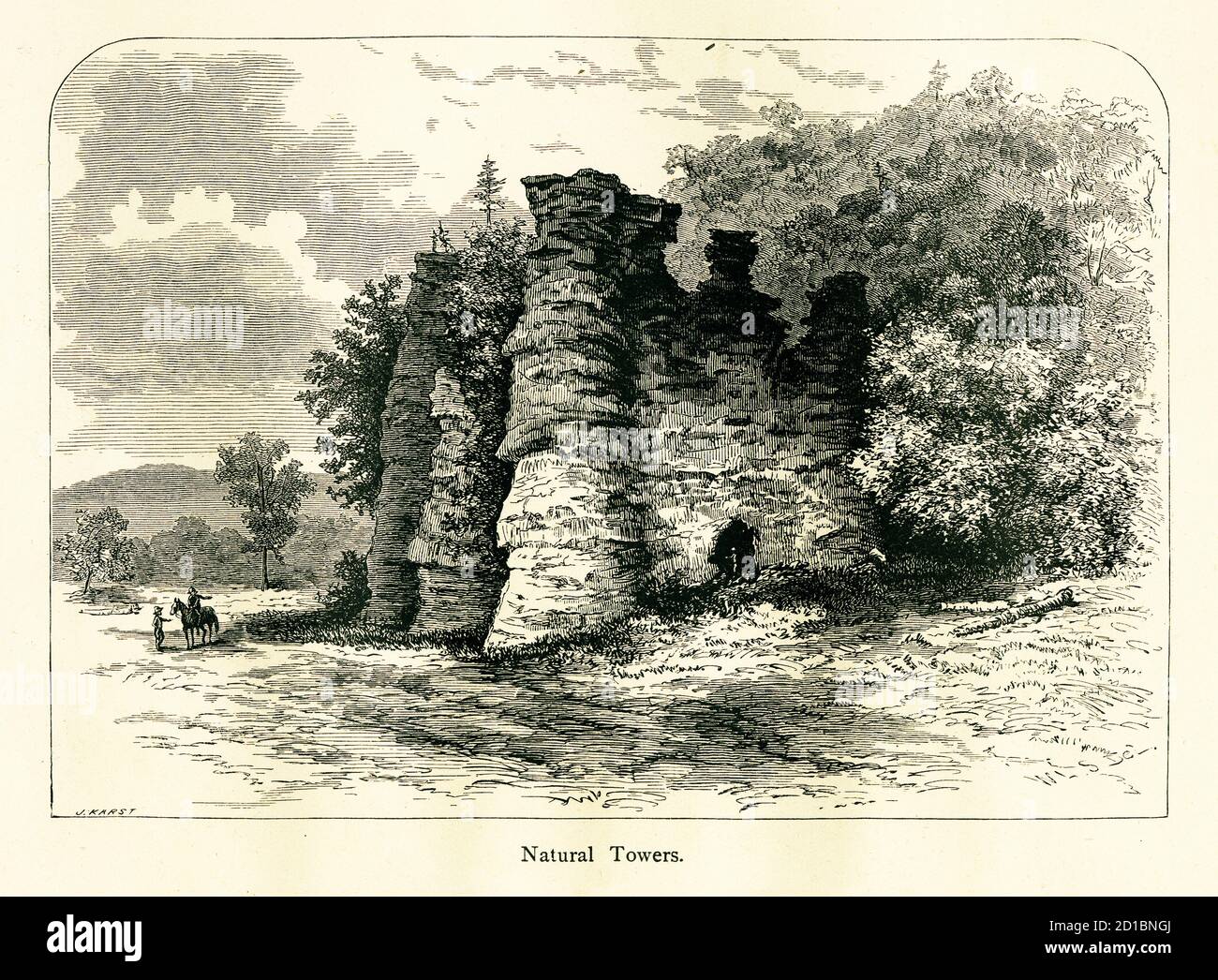 Antica illustrazione di Natural Chimneys, torri di pietra nella contea di Augusta, Virginia, Stati Uniti. Incisione pubblicata in America pittoresca o la Terra noi Liv Foto Stock