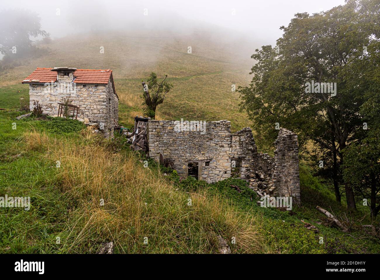 Rovine di antichi edifici alpini. Impressioni in Val Ticino Muggio, Breggia, Svizzera Foto Stock