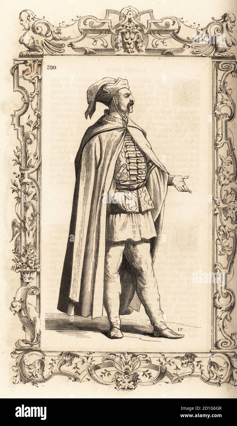Costume di un pirata turco, Impero Ottomano, 16 ° secolo. Indossa un cappellino rosso e un cappotto, una giacca con cintura, pantaloncini e ciabatte con tacchi in ferro. Costume de pirate Turc. All'interno di una cornice decorativa incisa da H. Catenacci e Fellmann. Incisione di blocchi di legno di Gerard Seguin e E.F. Huyot dopo un taglio di legno di Christoph Krieger dai costumi di Cesare Vecellio del XVI secolo anciens et modernes, Habiti antichi et moderni di tutto il mondo, Firman Didot Ferris Fils, Parigi, 1859-1860. Foto Stock