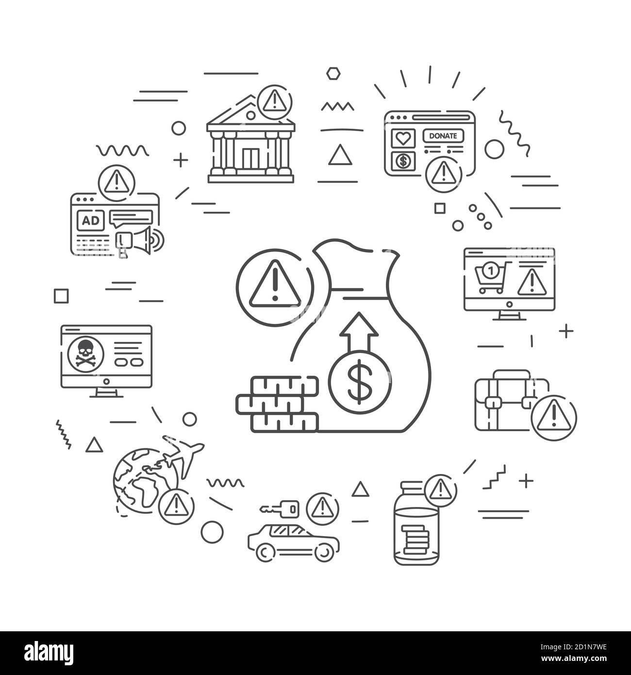 Banner Web SCam. Uno schema fraudolento eseguito da un individuo disonesto. Infografiche con icone lineari su sfondo bianco. Concetto di idea creativa. Illustrazione Vettoriale