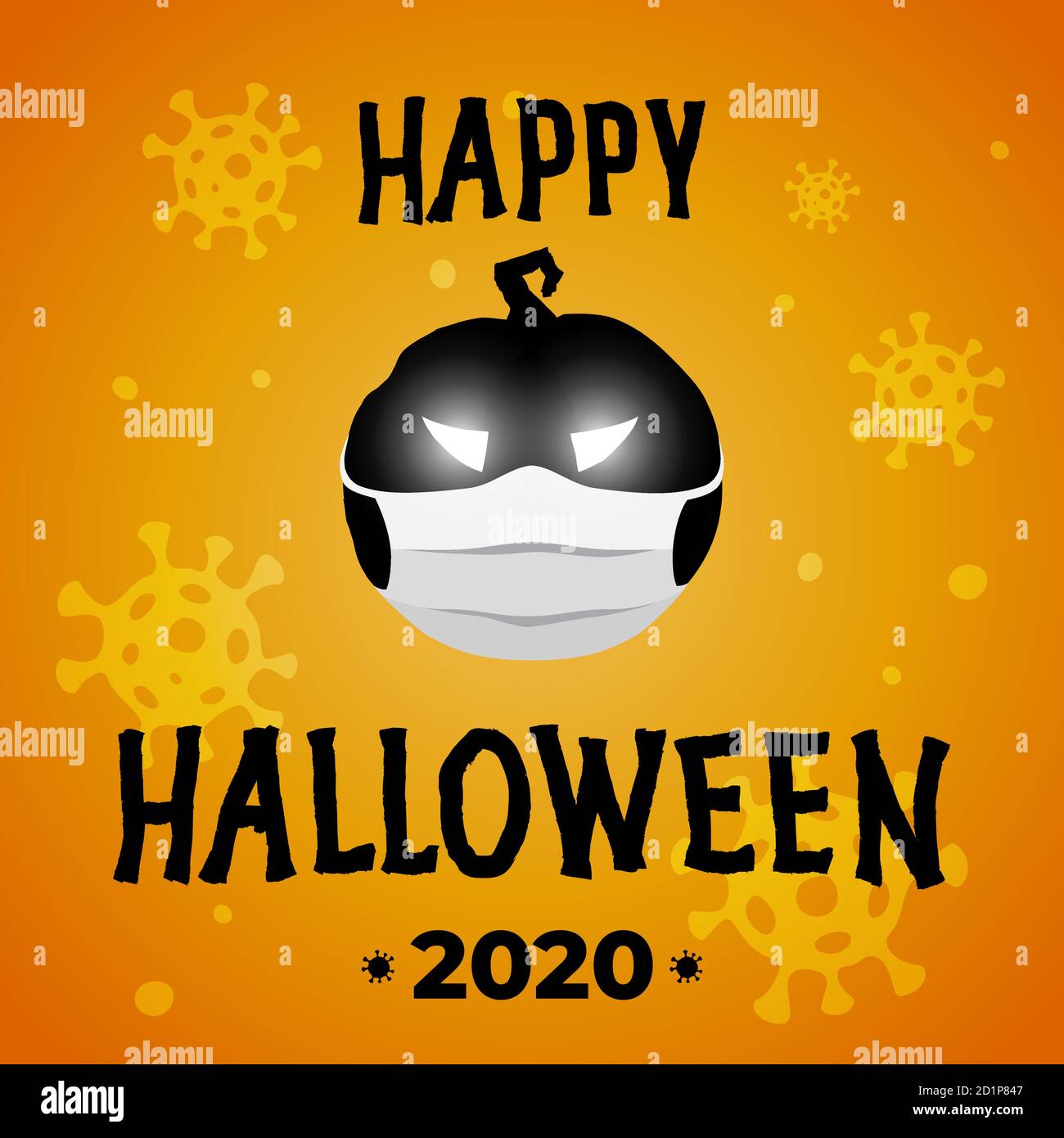 Felice poster vettore halloween. Festa di Halloween 2020 durante l'epidemia di coronavirus del covid-19. Lanterna Jack di zucca in maschera medica. Banner, retro virale Illustrazione Vettoriale