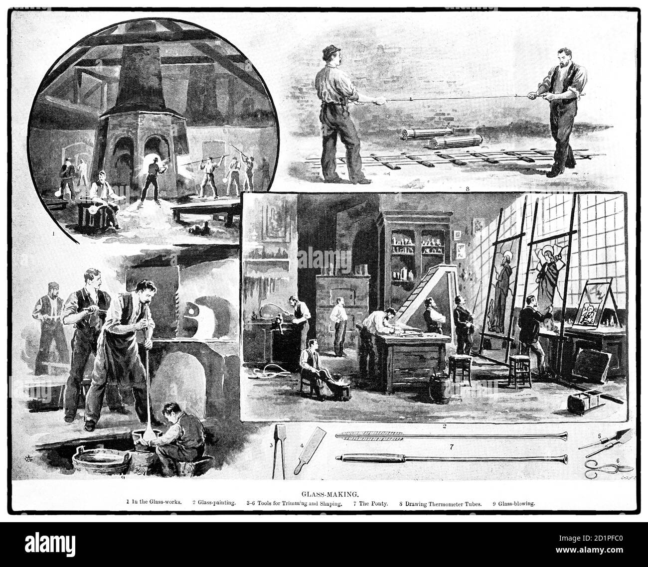 Una tabella di fine XIX secolo che illustra gli strumenti e le tecniche di lavorazione del vetro. Foto Stock