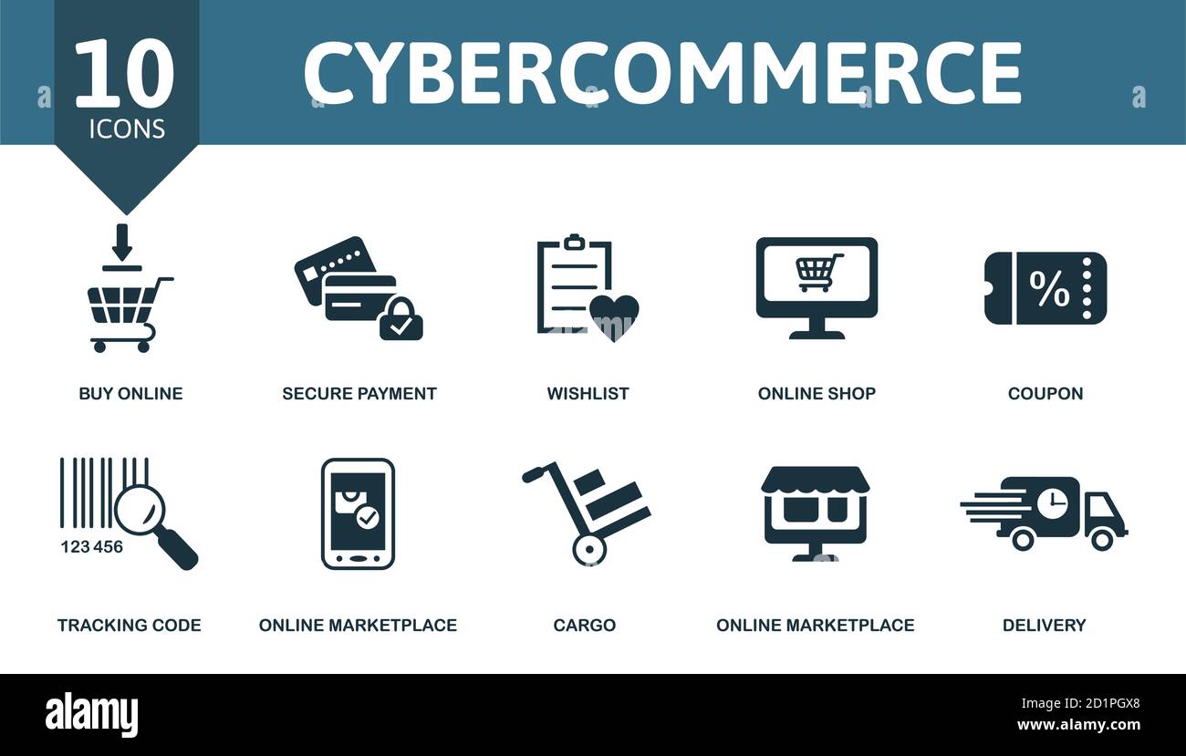 Insieme di icone di Cybercommerce. La raccolta contiene coupon, wishlist, negozio online, pagamento sicuro e oltre icone. Insieme di elementi per il cybercommerce Illustrazione Vettoriale