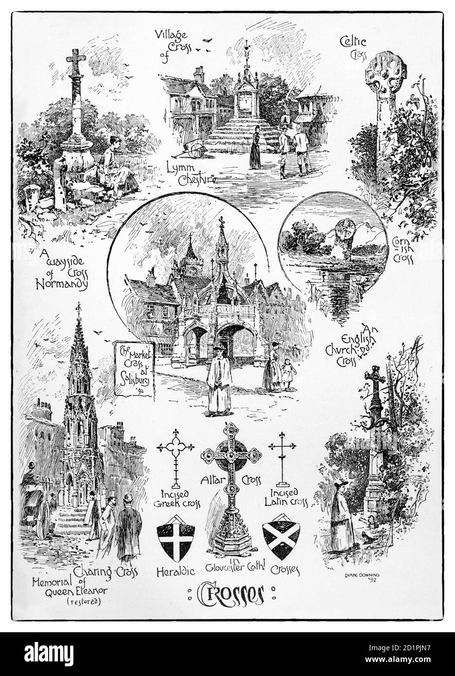 Un collage tardo 19 ° secolo di croci architettoniche decorative in città e villaggi in tutta la Gran Bretagna. Foto Stock