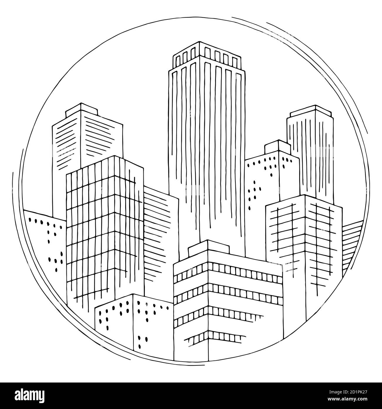 Città cornice rotonda grafica nero bianco isolato disegno vettore Illustrazione Vettoriale