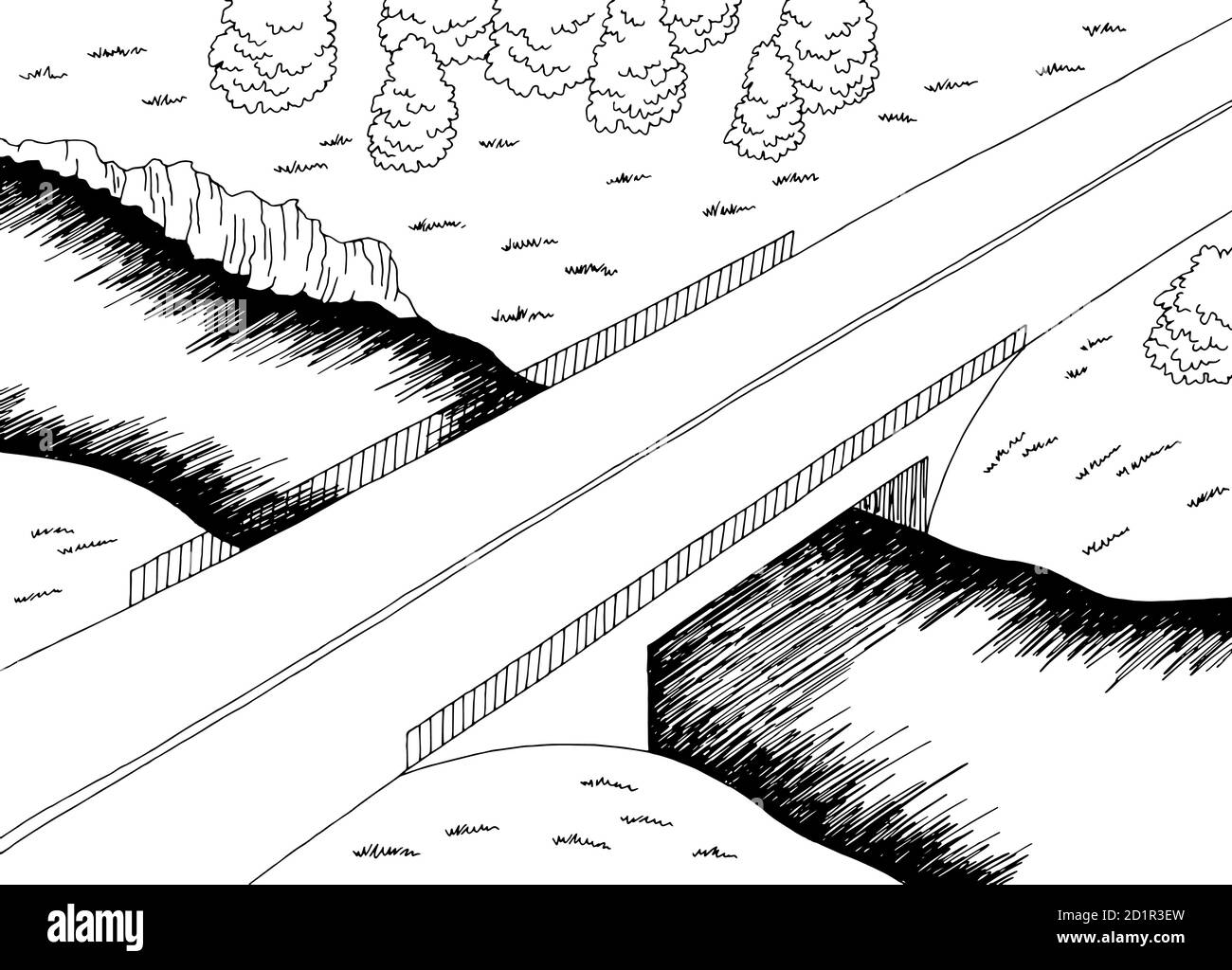 Ponte strada top vista aerea grafica bianco nero paesaggio fiume vettore di illustrazione dello schizzo Illustrazione Vettoriale