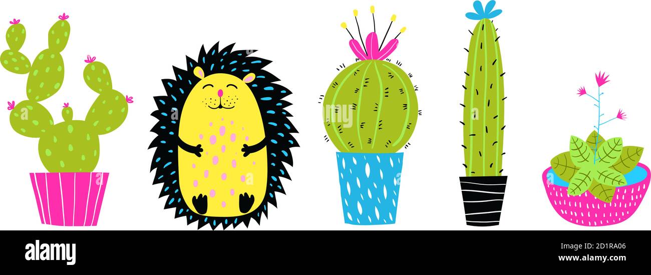 Cactus in pentole e hedgehog disegnati a mano set Illustrazione Vettoriale