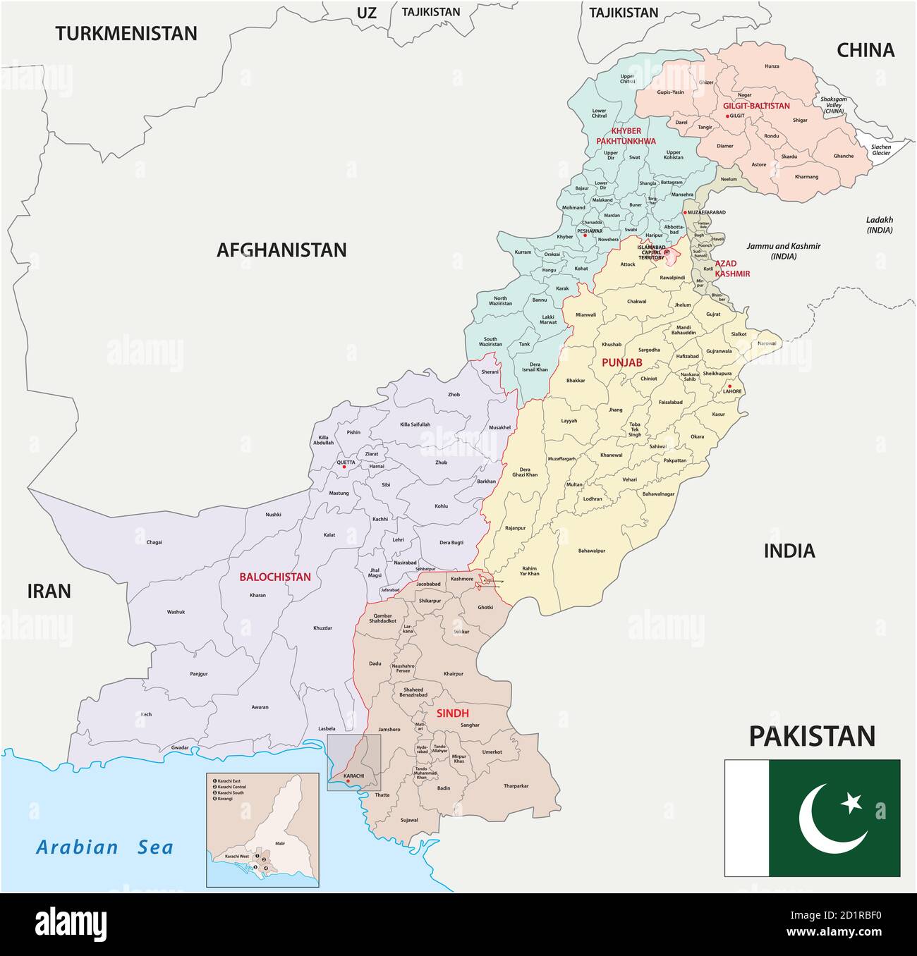 Mappa amministrativa vettoriale della Repubblica islamica del Pakistan con bandiera Illustrazione Vettoriale