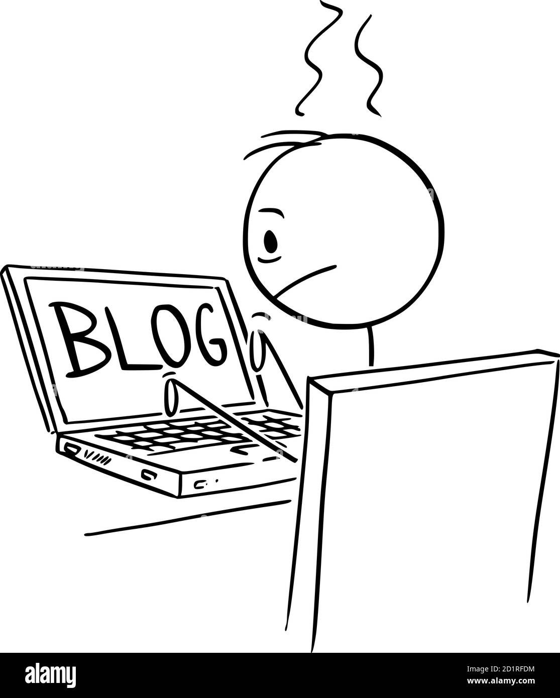 Vettore cartoon figura disegno disegno illustrazione concettuale di uomo frustrato o stanco o blogger scrivere o scrivere blog sul computer portatile. Illustrazione Vettoriale