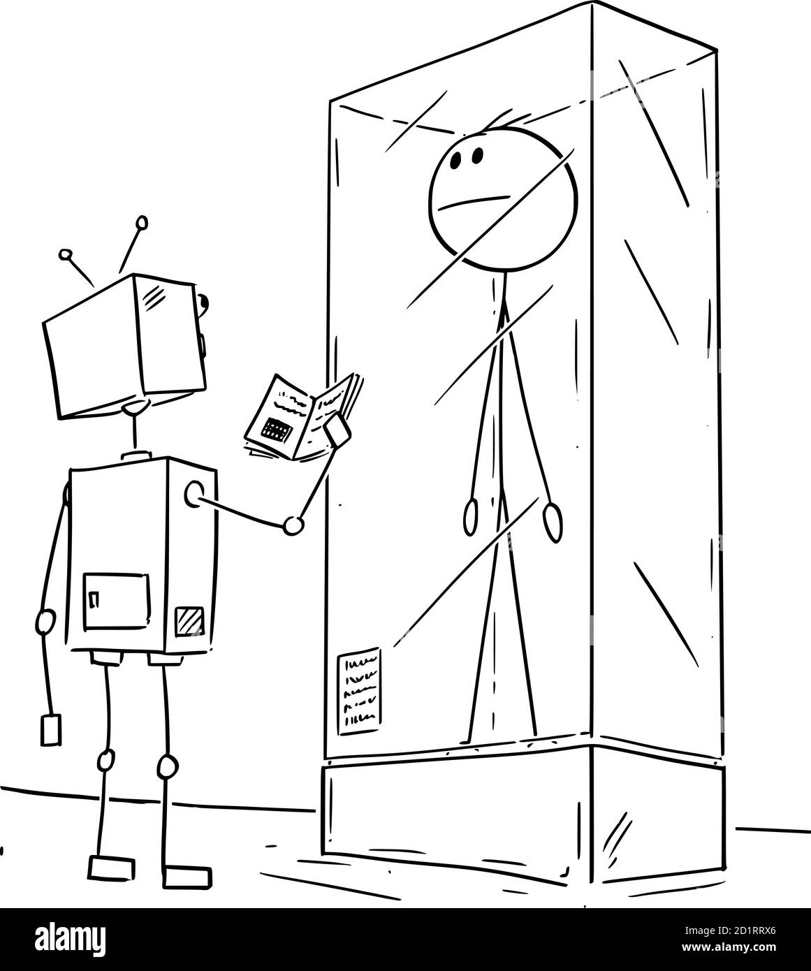 Figura del cartone vettoriale disegnante illustrazione concettuale dell'uomo estinto o dell'uomo maschio esposto in esposizione del museo. Robot visitatore lo sta guardando. Illustrazione Vettoriale