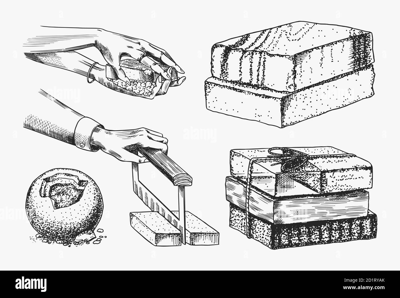 Set di sapone per bagnoschiuma. Lavando le mani in stile vintage. Confezionamento fatto in casa. Processo di produzione della schiuma. Cosmetici organici, laccio naturale. Disegnato un Illustrazione Vettoriale