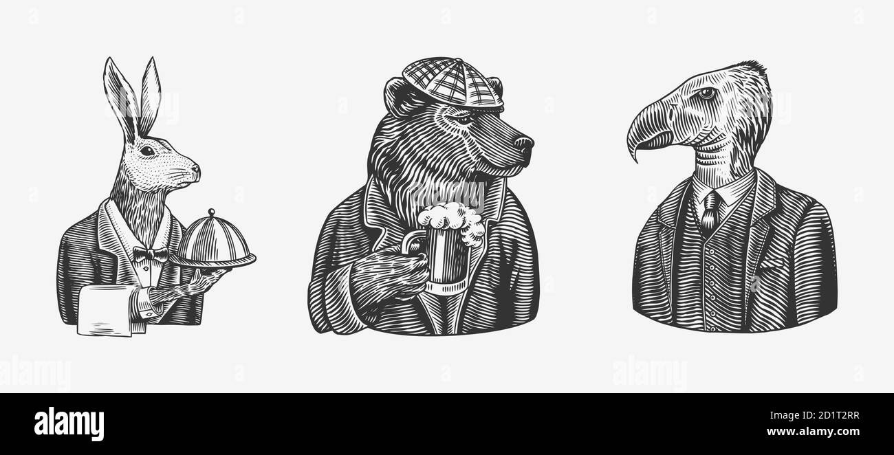 Grizzly Bear con una tazza di birra. Lepre o coniglio cameriere uccello. Carattere animale di moda. Schizzo disegnato a mano. Immagine vettoriale incisa per etichetta, logo Illustrazione Vettoriale