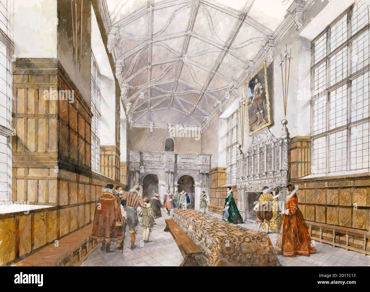 KIRBY HALL, Northamptonshire. Vista interna della sala come potrebbe essere apparso all'inizio del 17 ° secolo. Disegno di ricostruzione di Ivan Lapper. Foto Stock