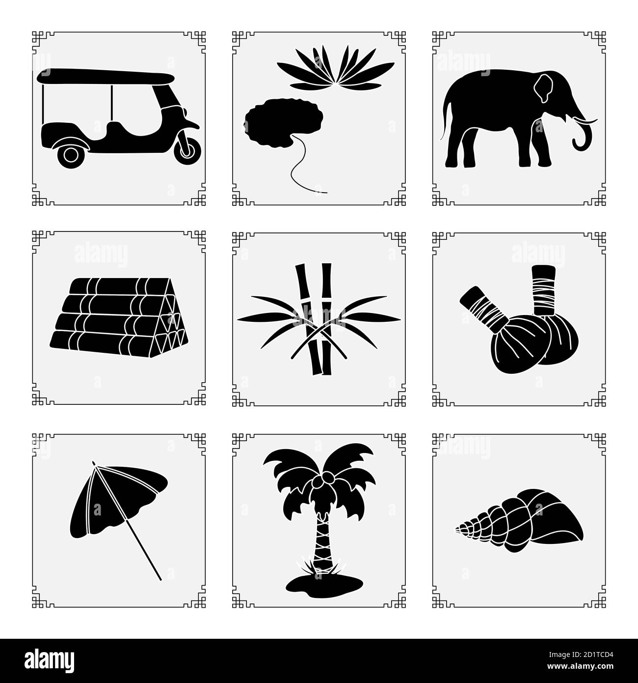 Set di simboli della Thailandia illustrazione vettoriale Umbrella, conchiglia, palma, giglio, tuk-tuk, elefante, bambù, bustine di erbe per il massaggio, cuscino. Vacanza. TR Illustrazione Vettoriale