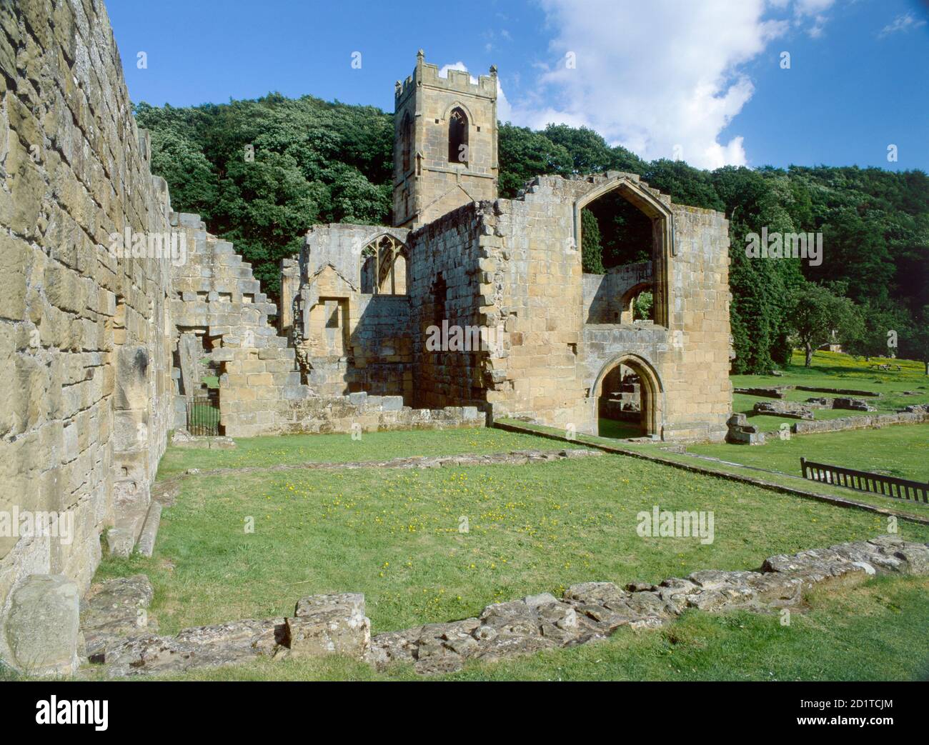 MOUNT GRACE PRIORY, North Yorkshire. Vista della chiesa priorale rimane da ovest. Foto Stock