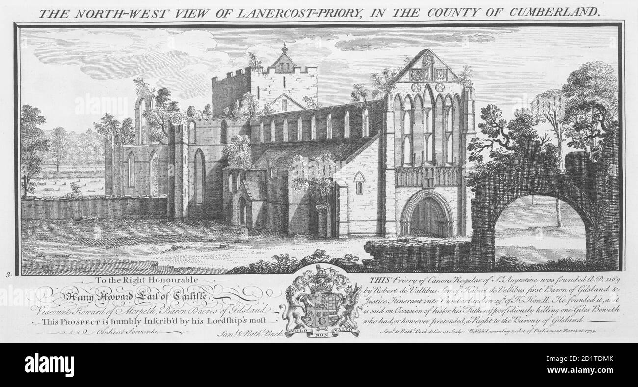 LANERCOST PRIORATO, Cumbria. 'Vista nord ovest del Priorato di Lanercost nella contea di Cumberland' di Samuel e Nathaniel Buck, 1739. Foto Stock