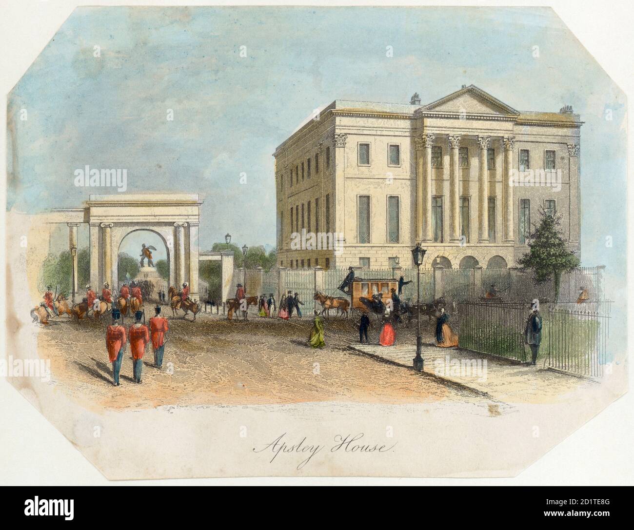 APSLEY HOUSE, Piccadilly, Hyde Park Corner, Londra. "Casa di Apsley". Incisione colorata in linea datata 1850. Originariamente costruita da Robert Adam nel 1771-8, nel 1830 la casa di Apsley era stata ampliata e rimodellata da Benjamin Dean Wyatt per essere la residenza principale di Londra del Duca di Wellington. L'adiacente schermo di Hyde Park fu costruito tra il 1822-25 da Decimus Burton. COLLEZIONE MAYSON BEETON Foto Stock