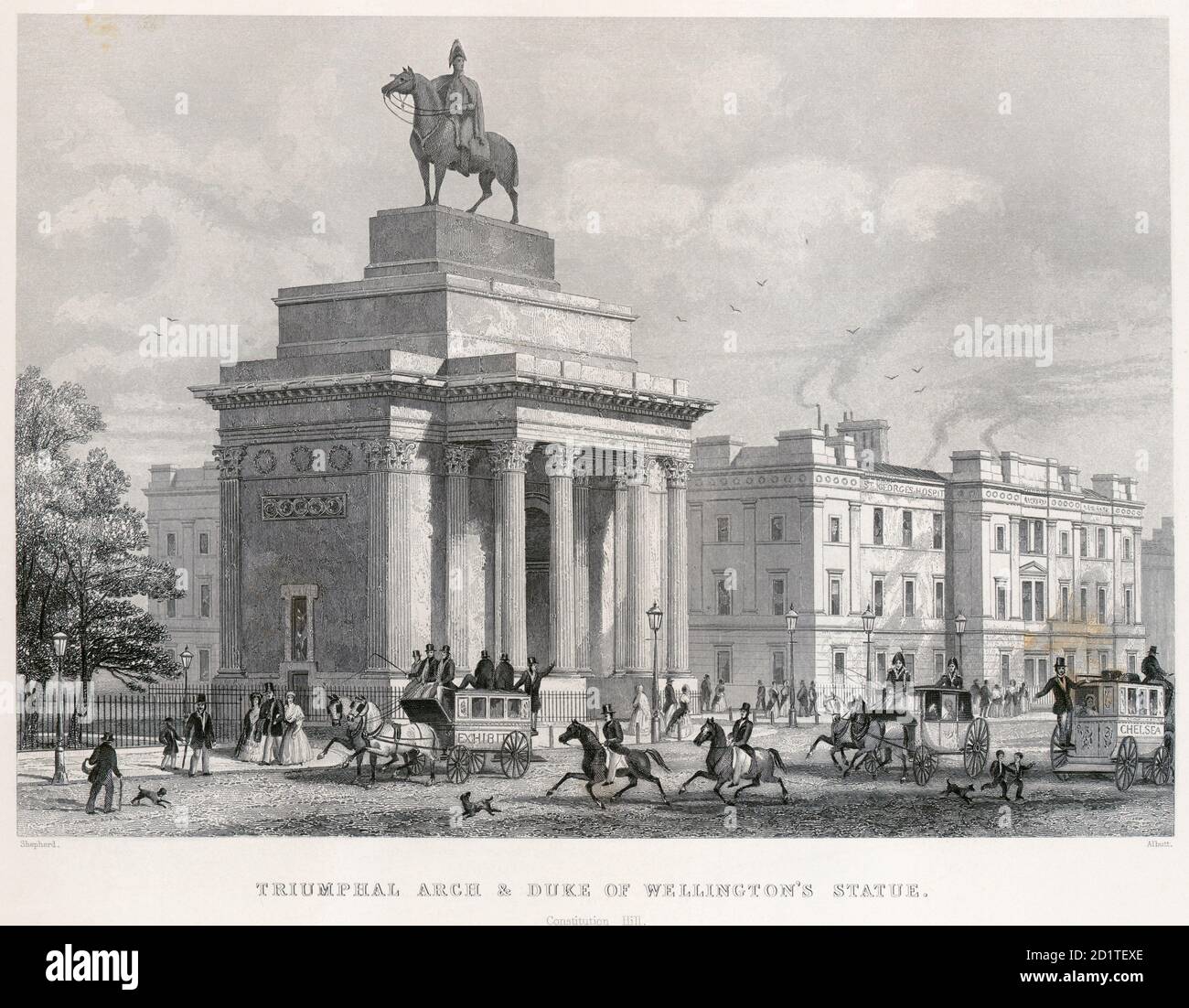 CASA DI APSLEY e WELLINGTON ARCH, Piccadilly, Hyde Park Corner, Westminster, Londra. "Arco trionfale e statua del Duca di Wellington" di T H Shepherd. Pubblicato in Shepherd's 'la storia della possente Londra e dei suoi dintorni' nel 1855. Incisione datata 1850. Dalla Mayson Beeton Collection. Foto Stock