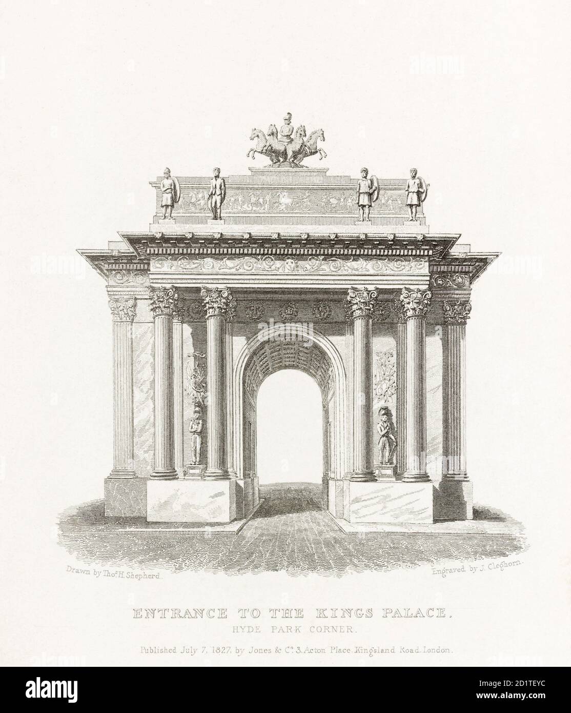 WELLINGTON ARCH, Hyde Park Corner, Westminster, Londra. 'Ingresso al Palazzo del Re' da T H Pastore. Pubblicato in James Elmes (1827) 'Metropolitan Improvements, o Londra nel diciannovesimo secolo...' Linea incisa (acciaio). Dalla Mayson Beeton Collection. Foto Stock