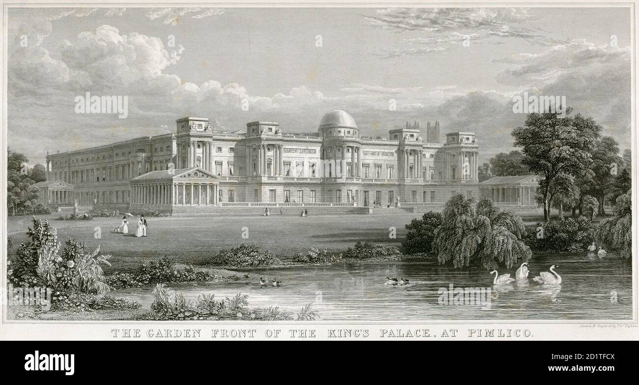 BUCKINGHAM PALACE, Buckingham Palace Road, City of Westminster, Londra. 'Il giardino di fronte al palazzo del re a Pimlico.' Thomas Higham. Prova per il 'Stationers Almanac 1829'. Incisione in acciaio della Mayson Beeton Collection. Foto Stock