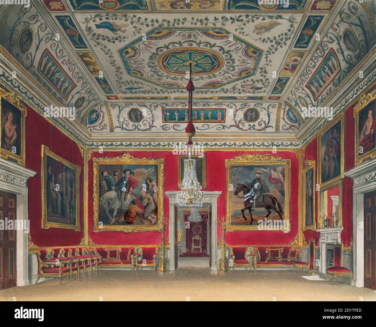 BUCKINGHAM PALACE, Buckingham Palace Road, City of Westminster, Londra. Vista interna. Acquatinto colorato datato 1817 da i Stephanoff. Da 'la storia delle residenze reali...' di W H Pyne 1819. Incisione della Mayson Beeton Collection. Foto Stock