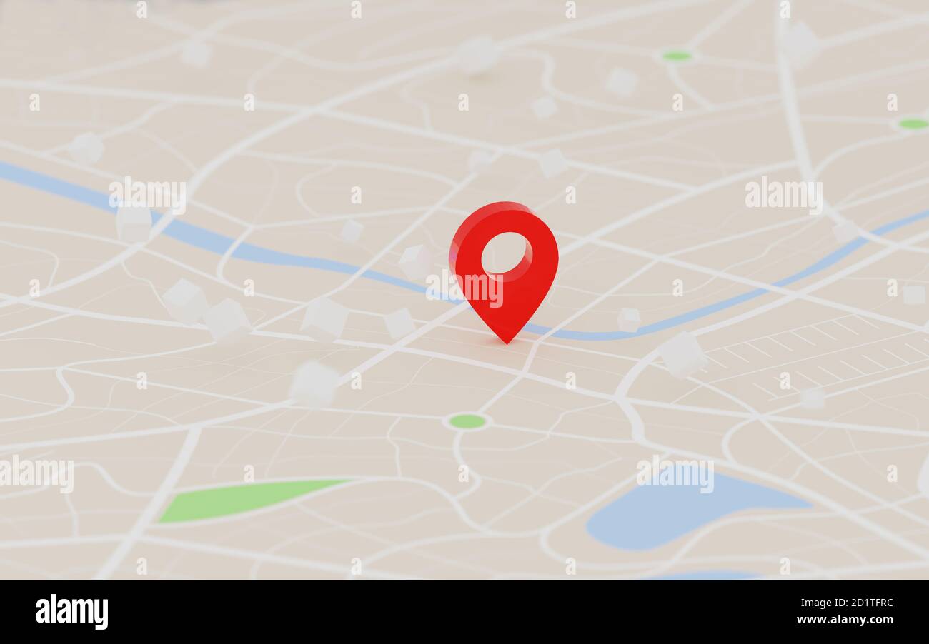 3D rendering Red GPS punto di destinazione sulla mappa, per il navigatore e il percorso per il concetto di viaggio, selezionare Focus Shallow Depth of Field Foto Stock