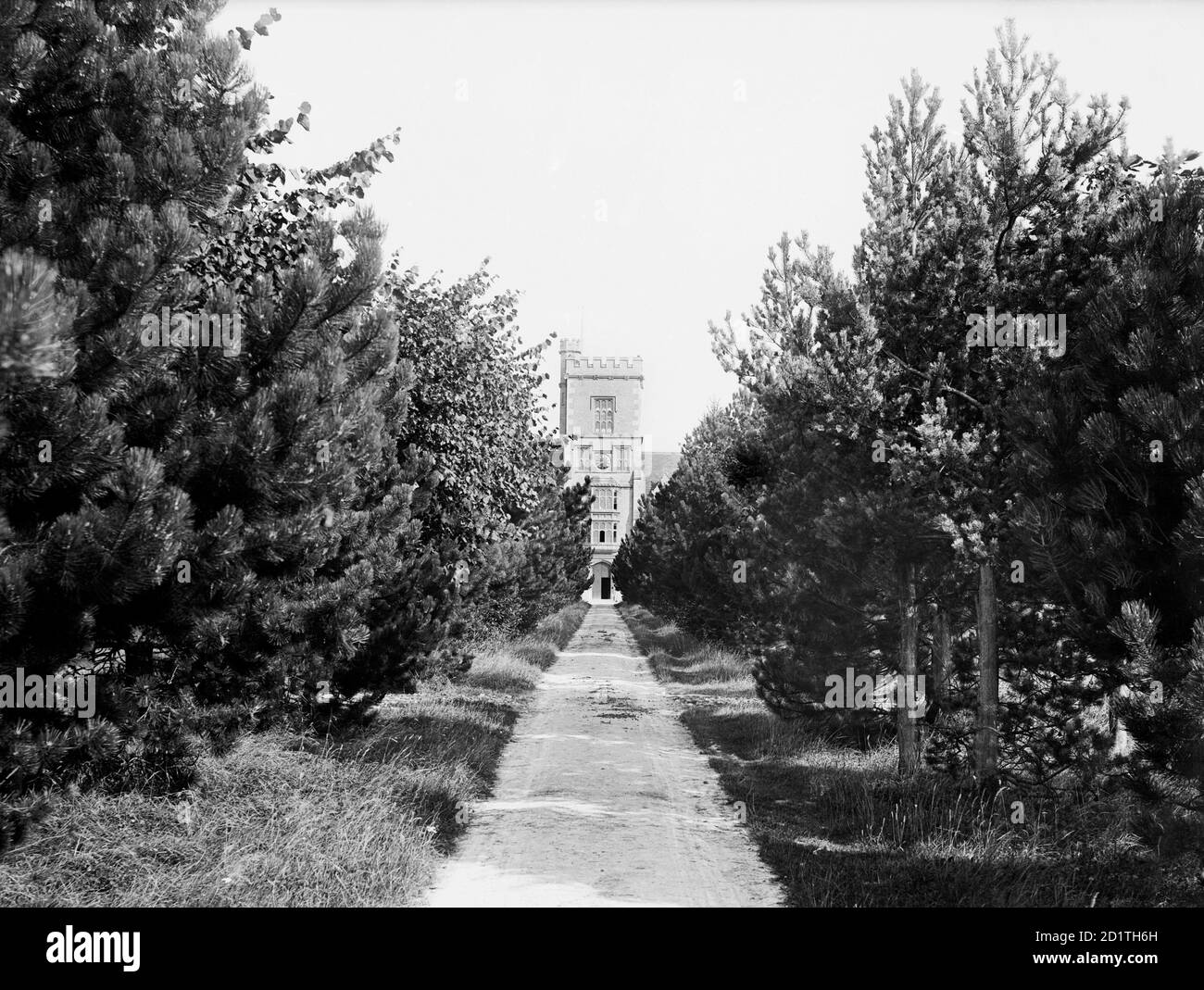 ROYAL AGRICULTURAL COLLEGE, Cirencester, Gloucestershire. Vista generale dell'ingresso principale e della torre dalla strada di avvicinamento alberata. Fotografato nel 1883 da Henry Taunt. Foto Stock