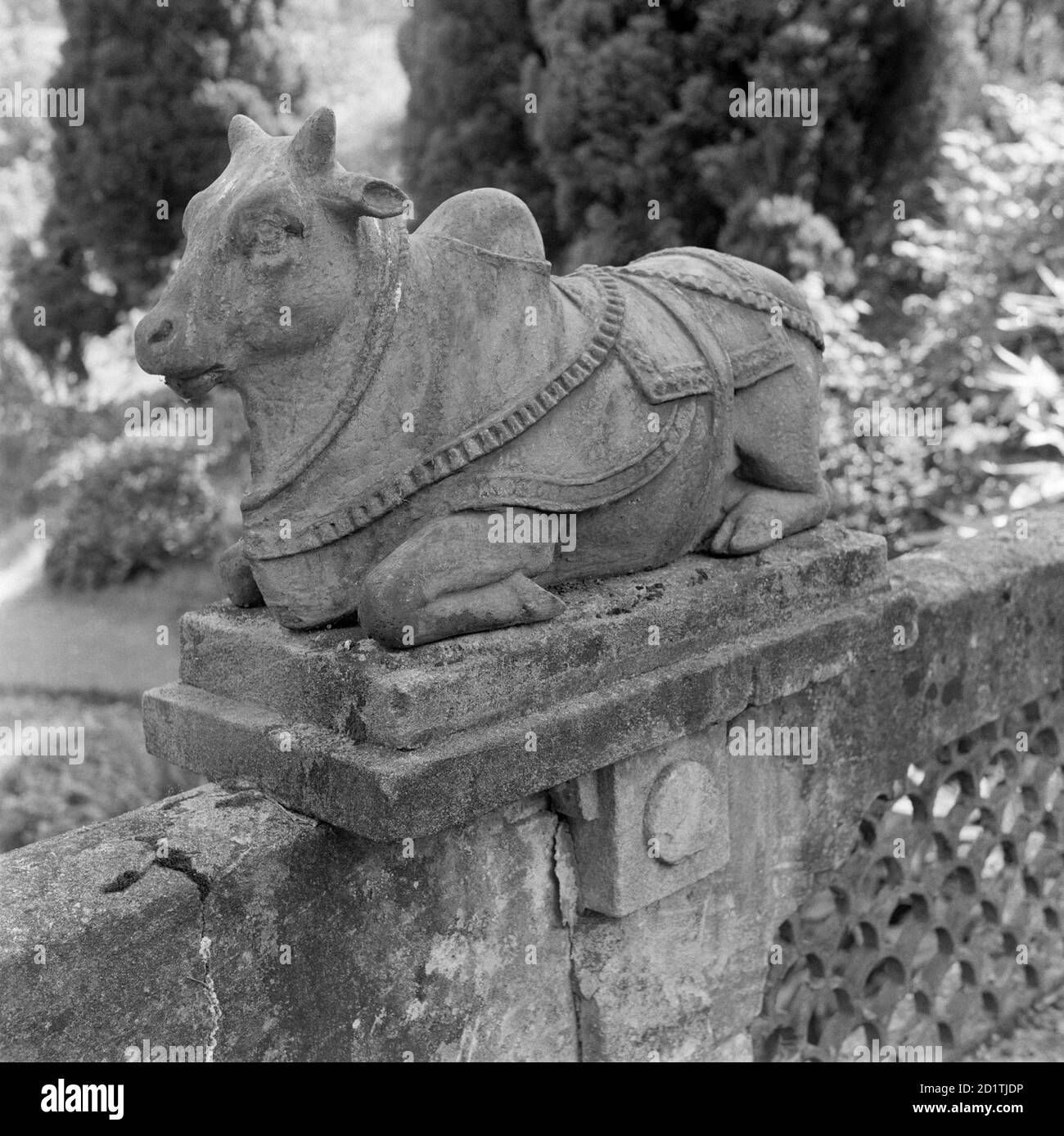 INDIAN BRIDGE, Sezincote Park, Gloucestershire. Particolare della scultura animale sul Ponte Indiano nel Parco Sezincote, che è stato eretto nel 1811. La tenuta di Sezincote è stata data un sapore indiano dal colonnello John Cockerell che lo ha comprato in 1795 dopo che ha fatto la sua fortuna con la compagnia dell'India orientale. Fotografato da Eric de Mare tra il 1945 e il 1980. Foto Stock
