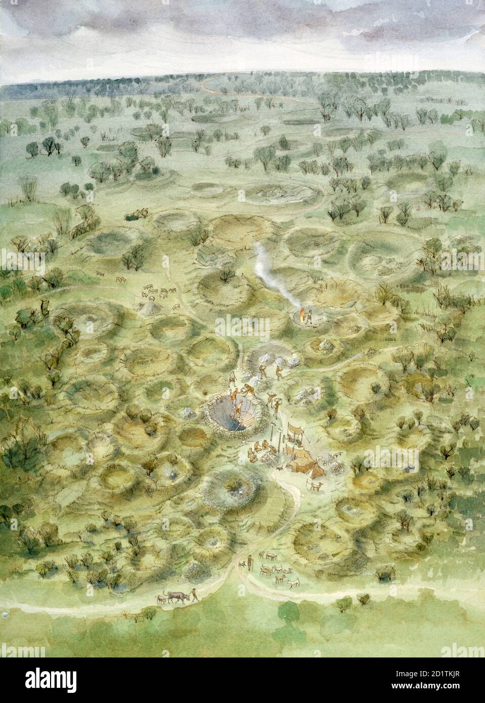 GRIMES TOMBE, Norfolk. Vista aerea ricostruzione disegno di Grimes Graves nel 2000 AC circa da Judith Dobie (English Heritage Graphics Team). Foto Stock GRIMES TOMBE, Norfolk. Vista aerea ricostruzione disegno di Grimes Graves nel 2000 AC circa da Judith Dobie (English Heritage Graphics Team). Foto Stock