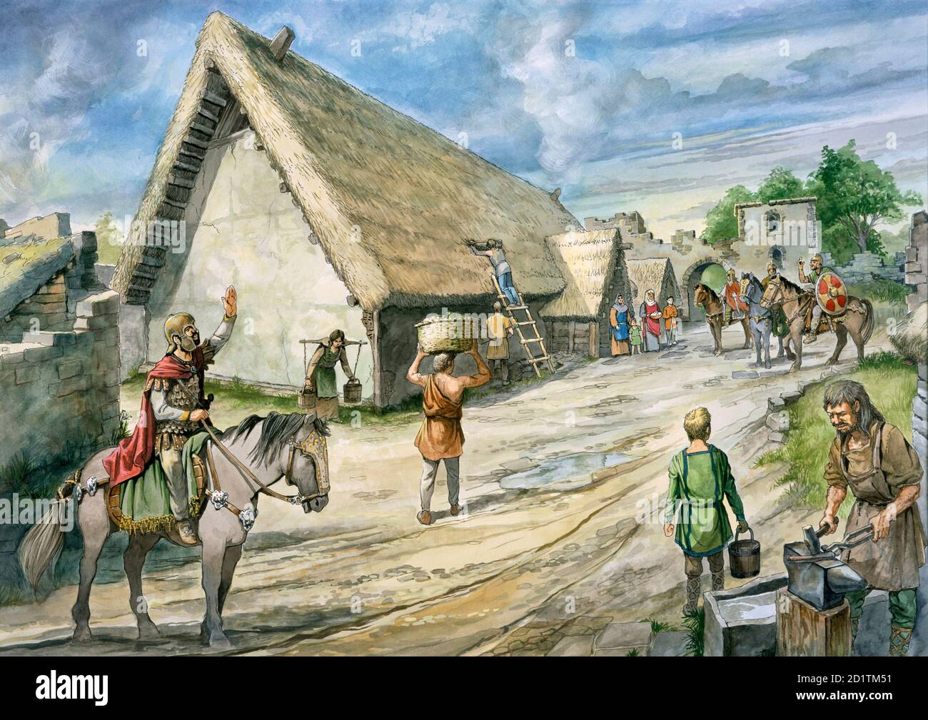MURO DI ADRIANO: BIRDOSWALD FORTE ROMANO, CUMBRIA. Ricostruzione disegno di Philip Corke del legno edificio sul sito del granaio Nord. adriano Foto Stock MURO DI ADRIANO: BIRDOSWALD FORTE ROMANO, CUMBRIA. Ricostruzione disegno di Philip Corke del legno edificio sul sito del granaio Nord. adriano Foto Stock
