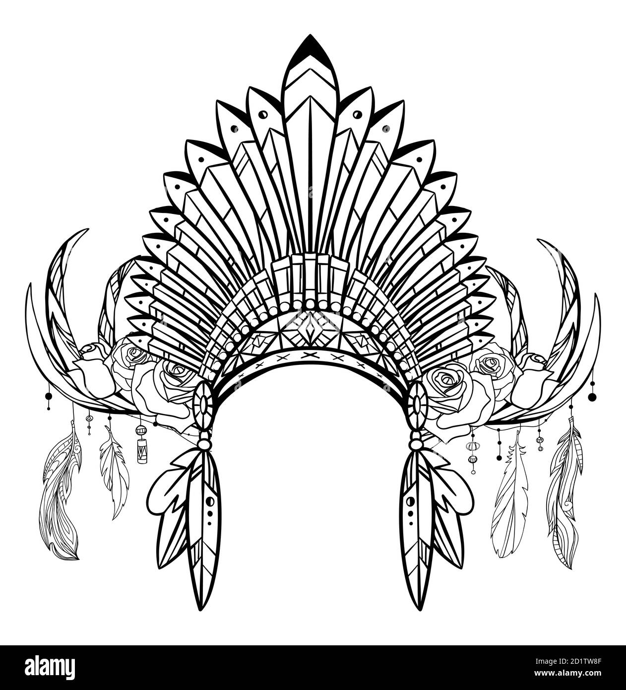 Disegno di contorno del cappello nativo di indiano con piume, decorazioni e  disegno di cervi antlers con piume e rose. Costume tribale. Illusione  vettoriale Immagine e Vettoriale - Alamy