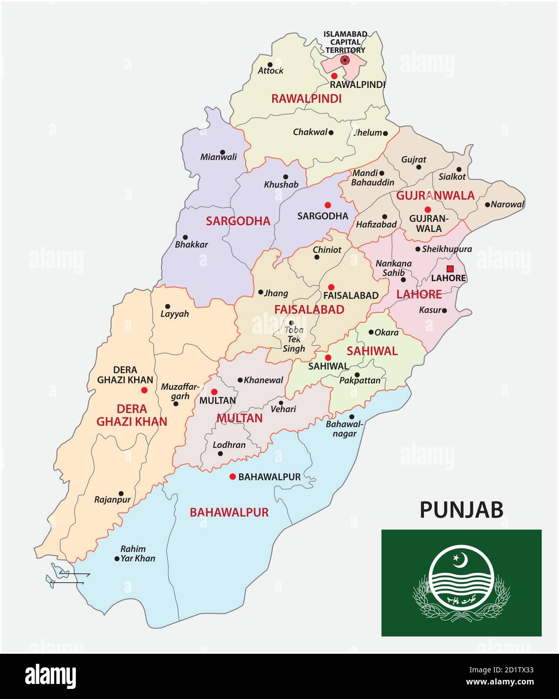Mappa amministrativa vettoriale della provincia pakistana di punjap con bandiera, Pakistan Illustrazione Vettoriale