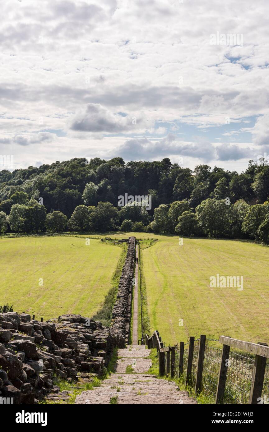 Vista generale verso ovest lungo il Muro di Adriano verso i resti del ponte romano, Willowford, Upper Denton, Carlisle, Cumbria, Regno Unito. Foto Stock