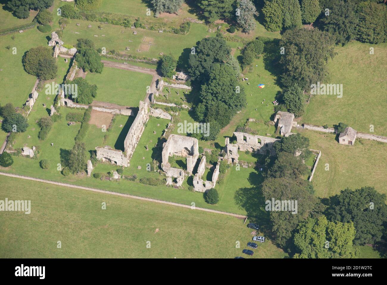 Jervaulx rovine dell'abbazia cistercense, North Yorkshire, 2014. Vista aerea. Foto Stock