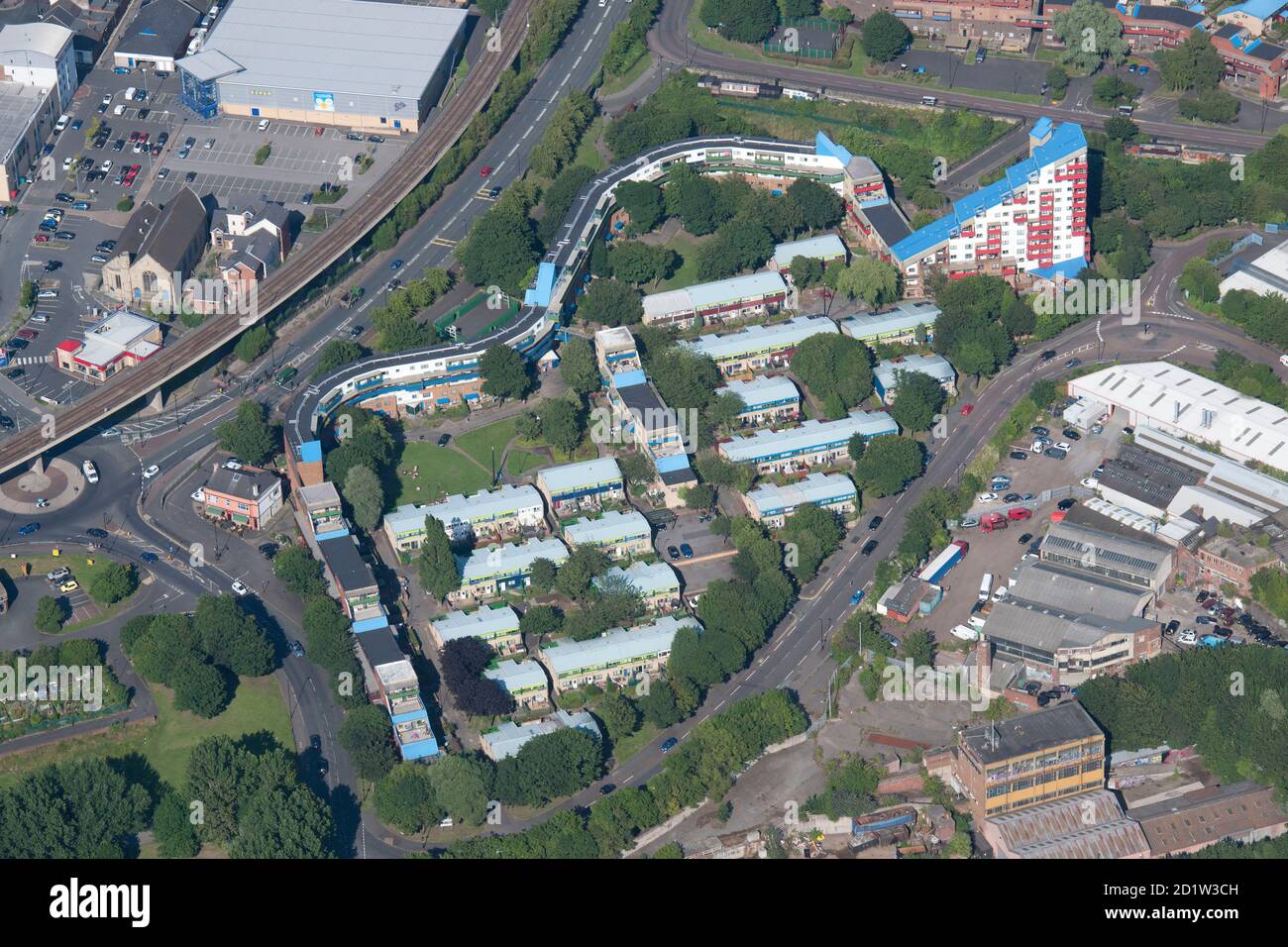 Tom Collins House e la parte occidentale del Byker Wall Housing estate, Newcastle-upon-Tyne, 2015. Vista aerea. Foto Stock