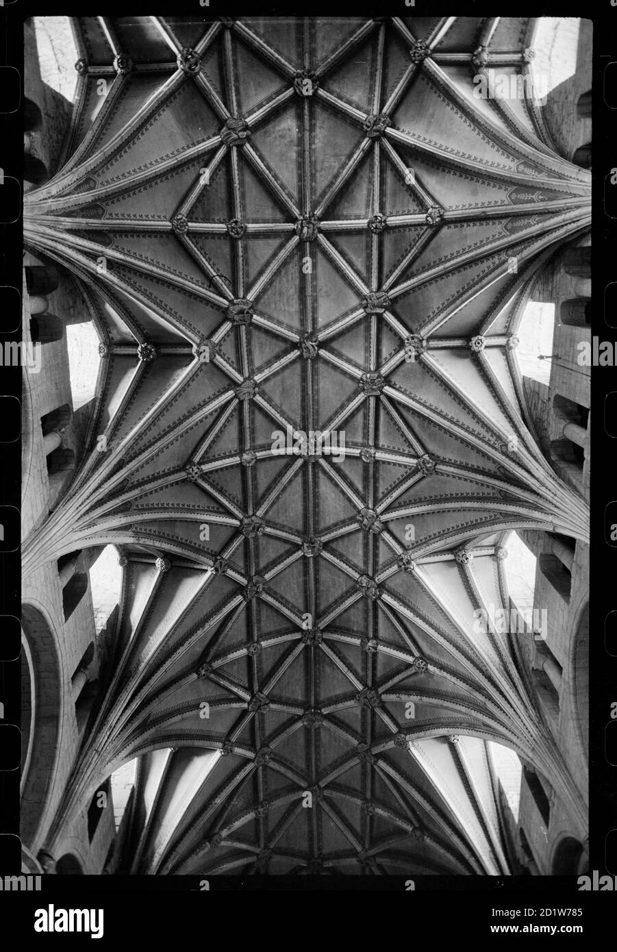Vista dettagliata del soffitto a volta lierne nella navata centrale dell'abbazia di Tewkesbury, Tewkesbury, Gloucestershire, Regno Unito. Foto Stock