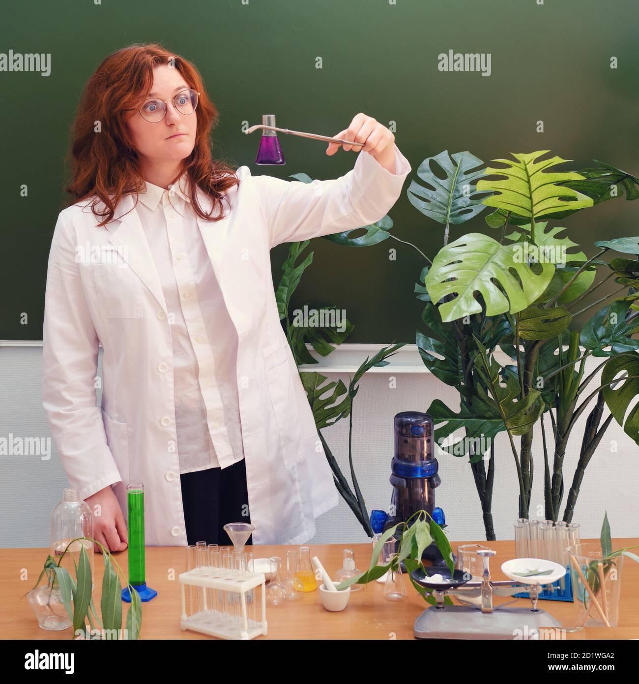 Donna ecologa con matraccio chimico e imbuto per liquido in mano. Analisi, test e ricerca nel laboratorio scolastico Foto Stock