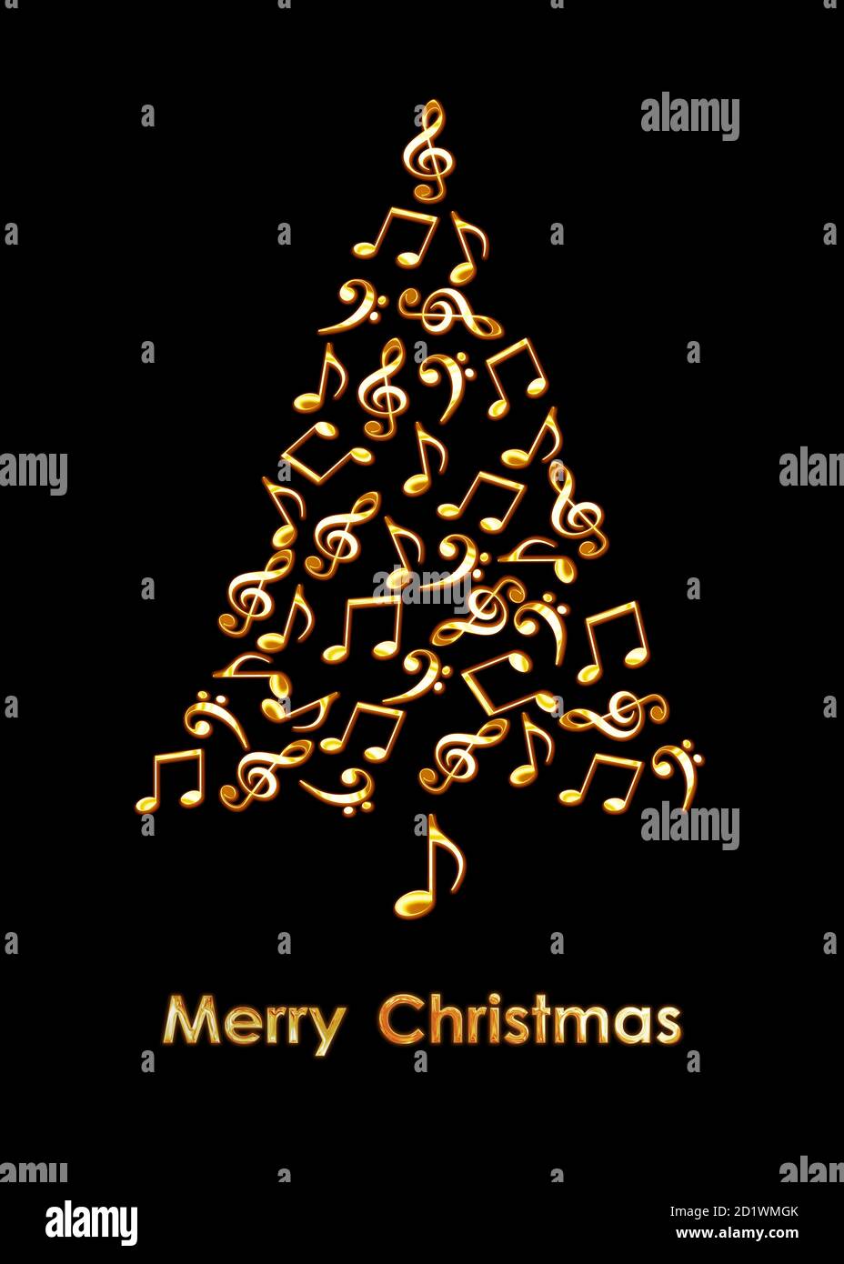 Albero di Natale fatto di note musicali dorate su sfondo nero. Buon biglietto d'auguri di musica natalizia Foto Stock